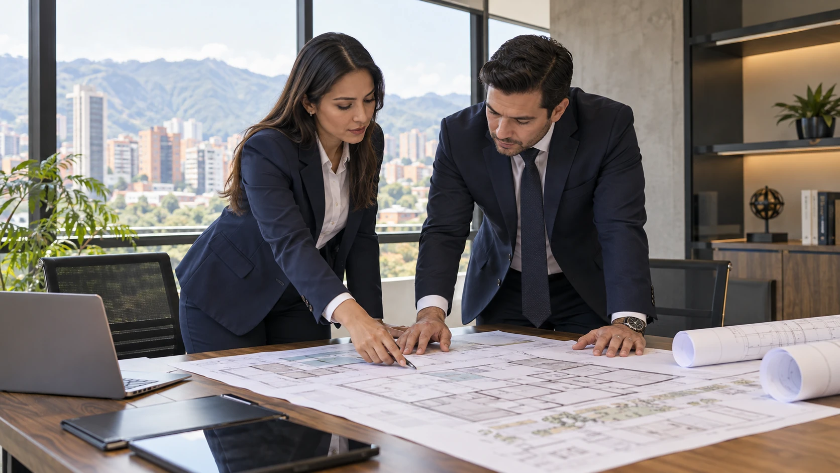 Consultores de seguridad revisan planos de instalaciones en una oficina
