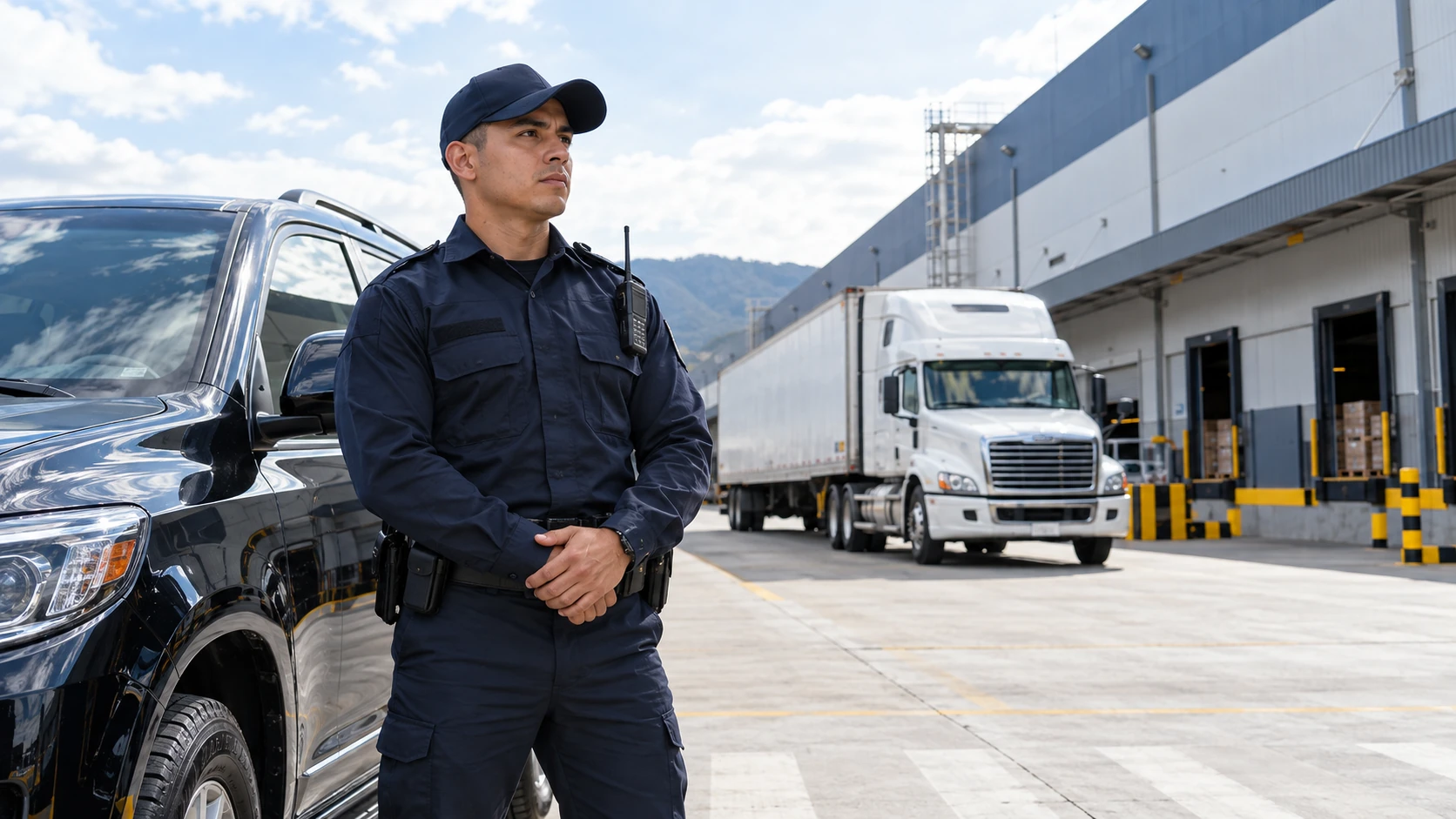 Escolta de seguridad junto a una camioneta y un camión en un centro logístico