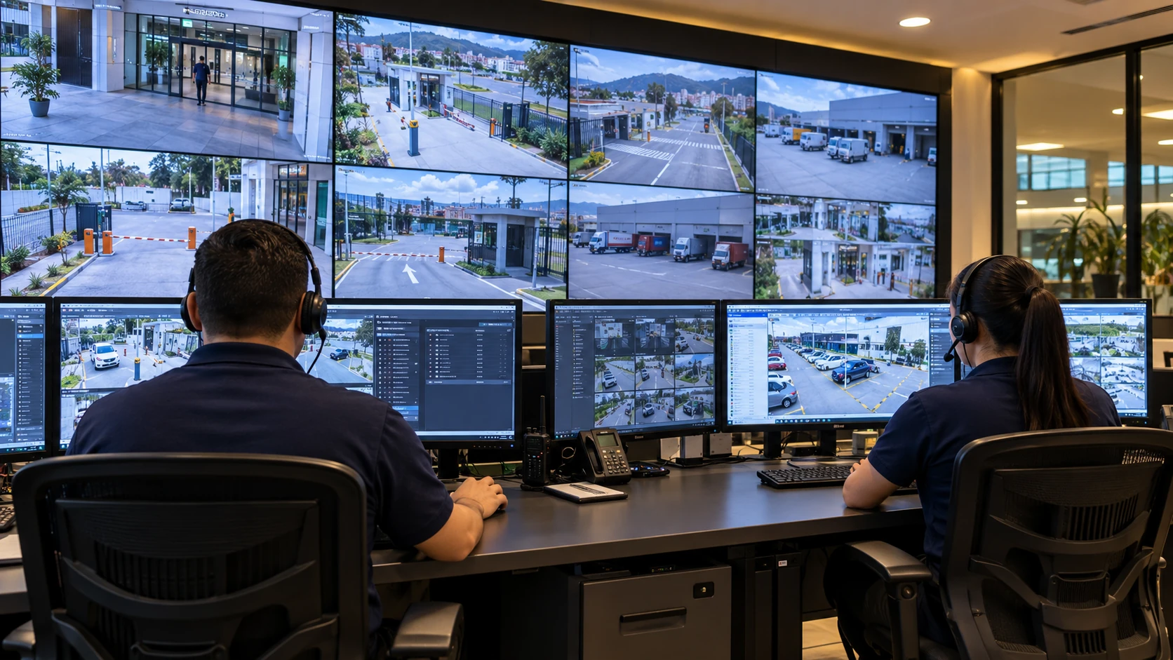 Operadores de seguridad supervisan cámaras de acceso en un centro de monitoreo