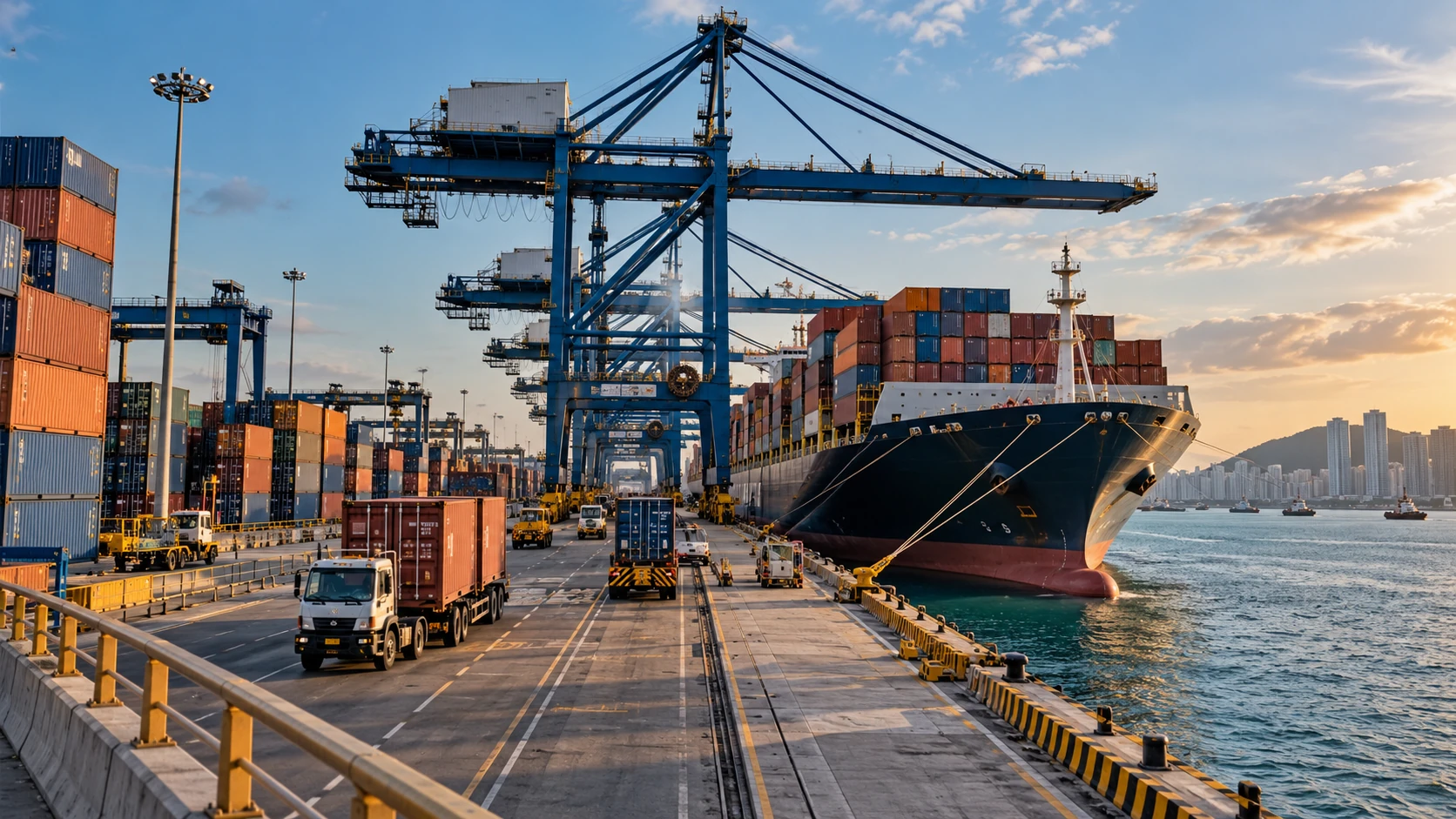 Buque de carga y grúas en una terminal portuaria de contenedores